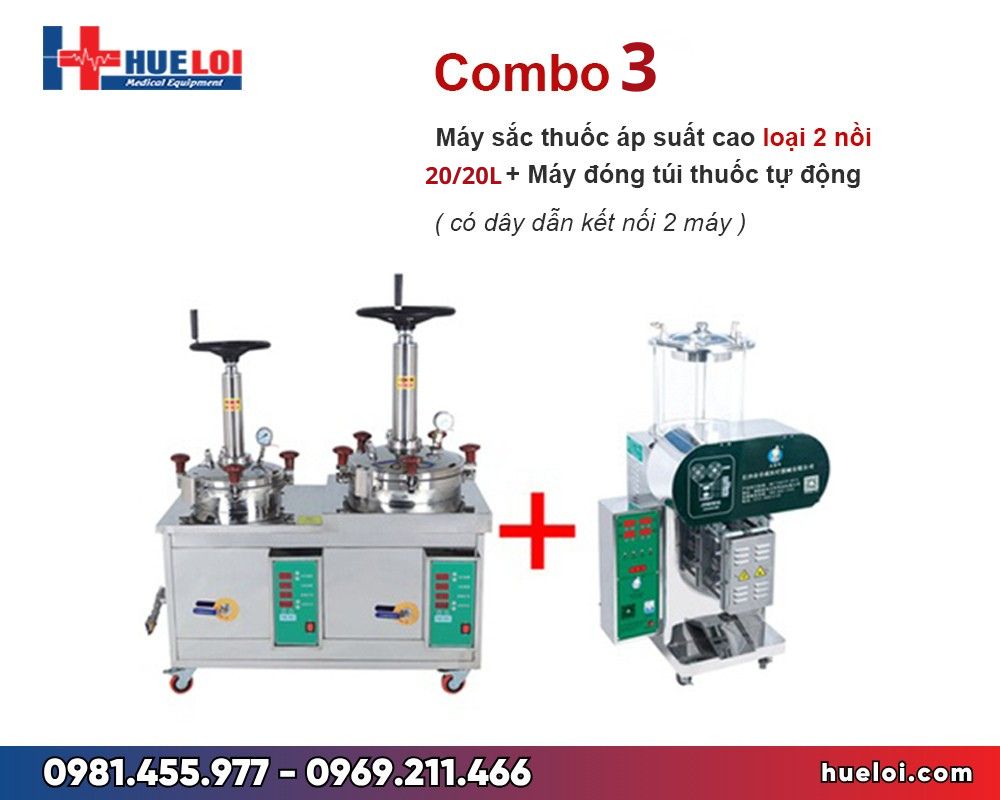 Combo máy sắc thuốc bắc áp suất cao 2 nồi và máy đóng túi yb50-300