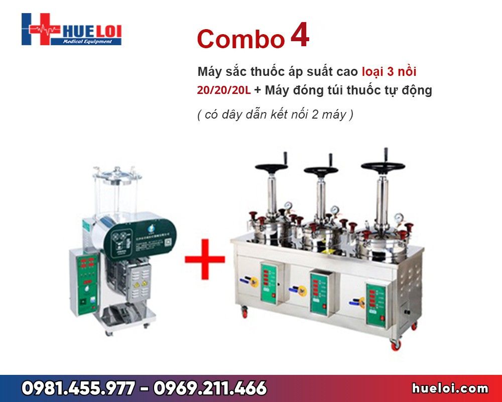 Combo máy sắc thuốc bắc áp suất cao 3 nồi và máy đóng túi yb50-300