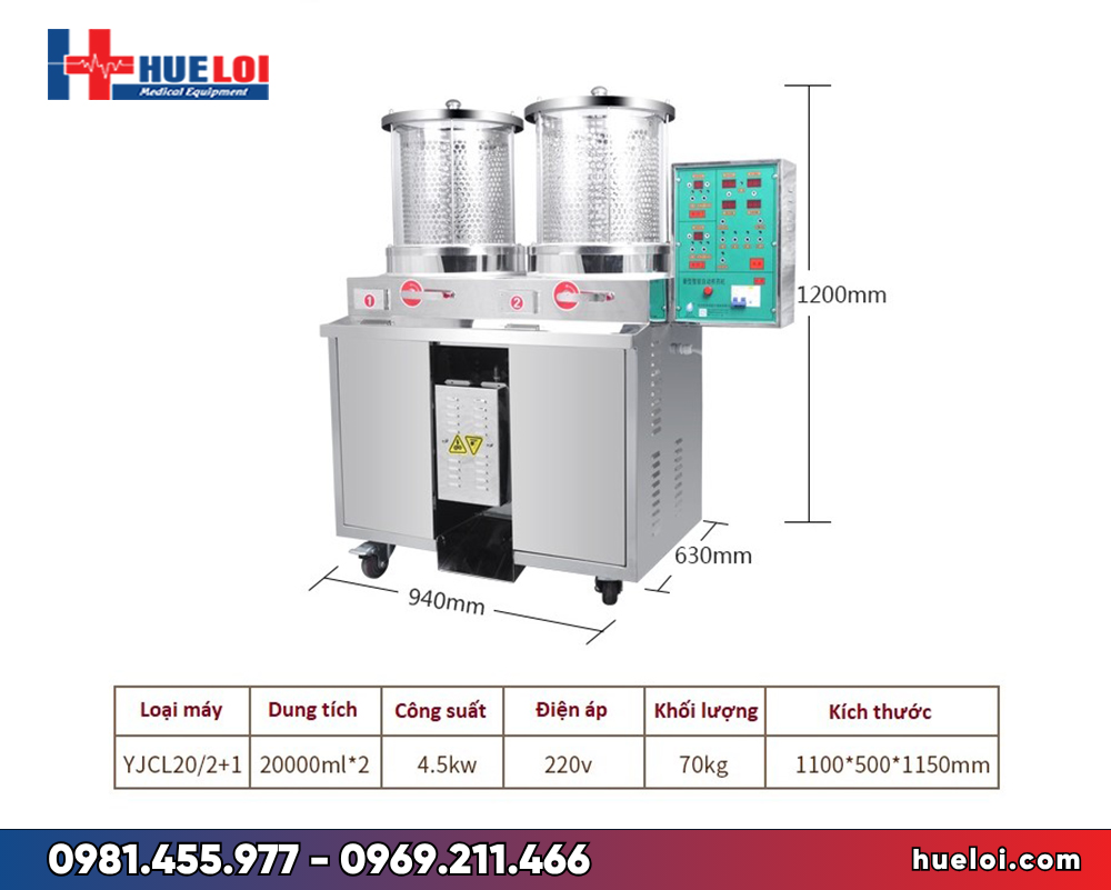 Máy sắc thuốc 2 nồi kèm đóng túi tự động YJCL20/2+1(S) - bảng thông số kĩ thuật 