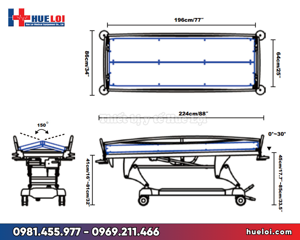giường tắm cho bệnh nhân di động - kích thước 