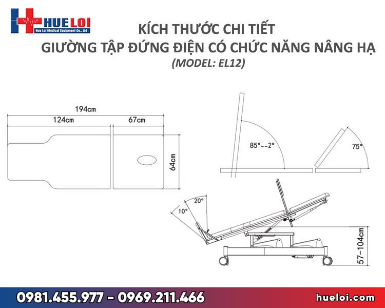 giường tập đứng Coinfycare EL12 - sơ đồ kích thước