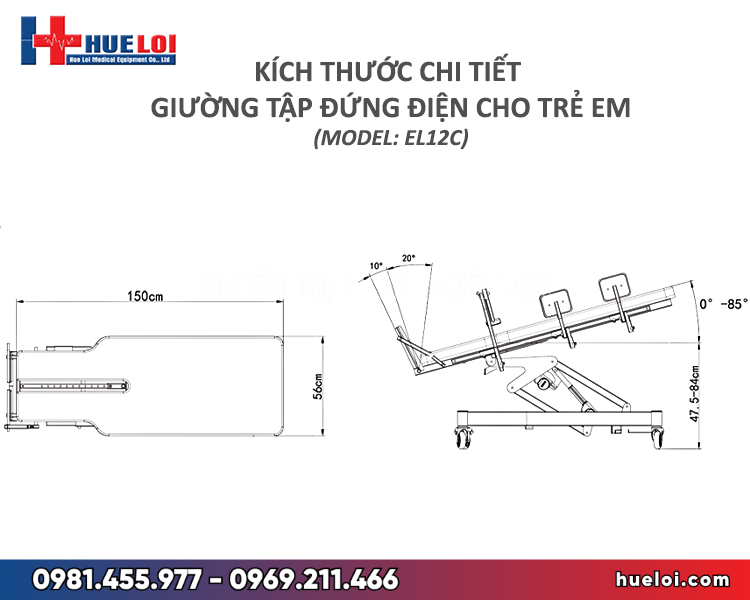 giường tập đứng Coinfycare EL12C- sơ đồ kích thước