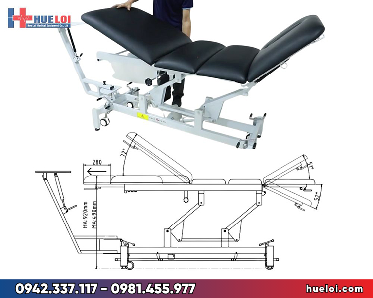 giường kéo giãn cột sống bằng điện CY-C101F - góc nâng hạ chân của bàn kéo giãn