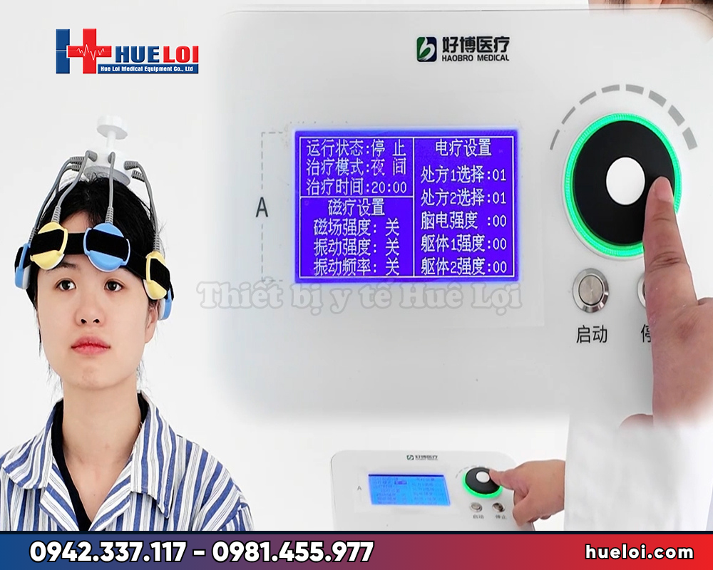 máy kích thích từ trường xuyên sọ HB510B - toàn cảnh máy và mũ trị liệu