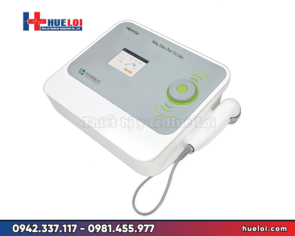 máy siêu âm trị liệu đơn tần HB810A - toàn cảnh thân máy và đầu dò 1MHz