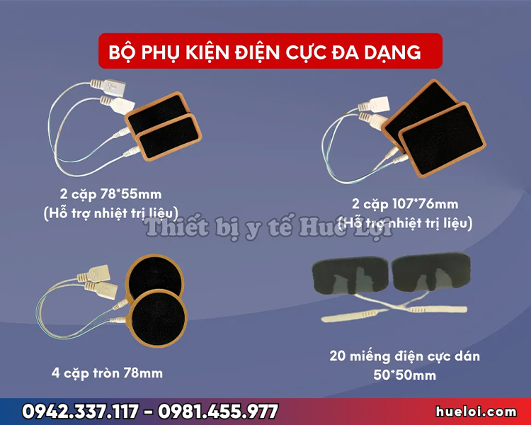 máy điện xung giao thoa HB-ZP30 - cấu hình điện cực gia nhiệt và miếng dán cung cấp kèm