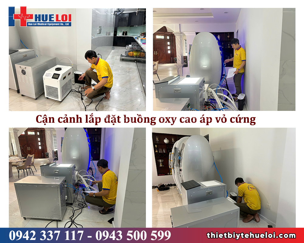 cận cảnh lắp đặt buồng oxy tăng áp cho gia đình