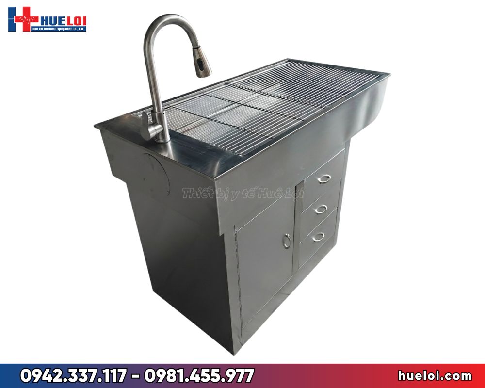 Bàn khám thú y inox 304 đa chức năng - mặt nghiêng