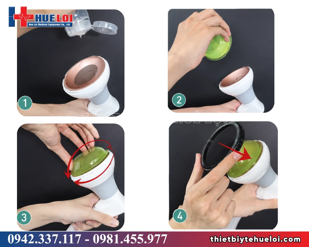 Máy sóng xung kích hội tụ áp điện Piezonia PZO-G1 - các bước lắp đệm gel vào tay cầm