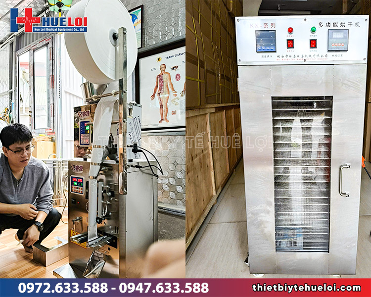 huê lợi bàn giao máy đóng túi tự động và máy sấy dược liệu cho phòng khám y học cổ truyền